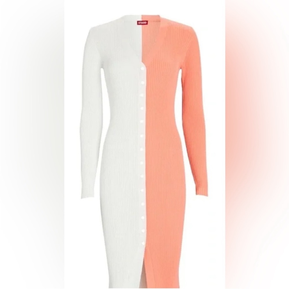 STAUD Long Sleeve White and Peach Dress